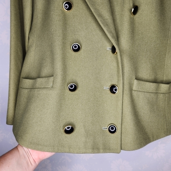 Vintage 80s Double Breasted Velvet Collar Khaki Neutral Blazer Jacket - Picture 6 of 9